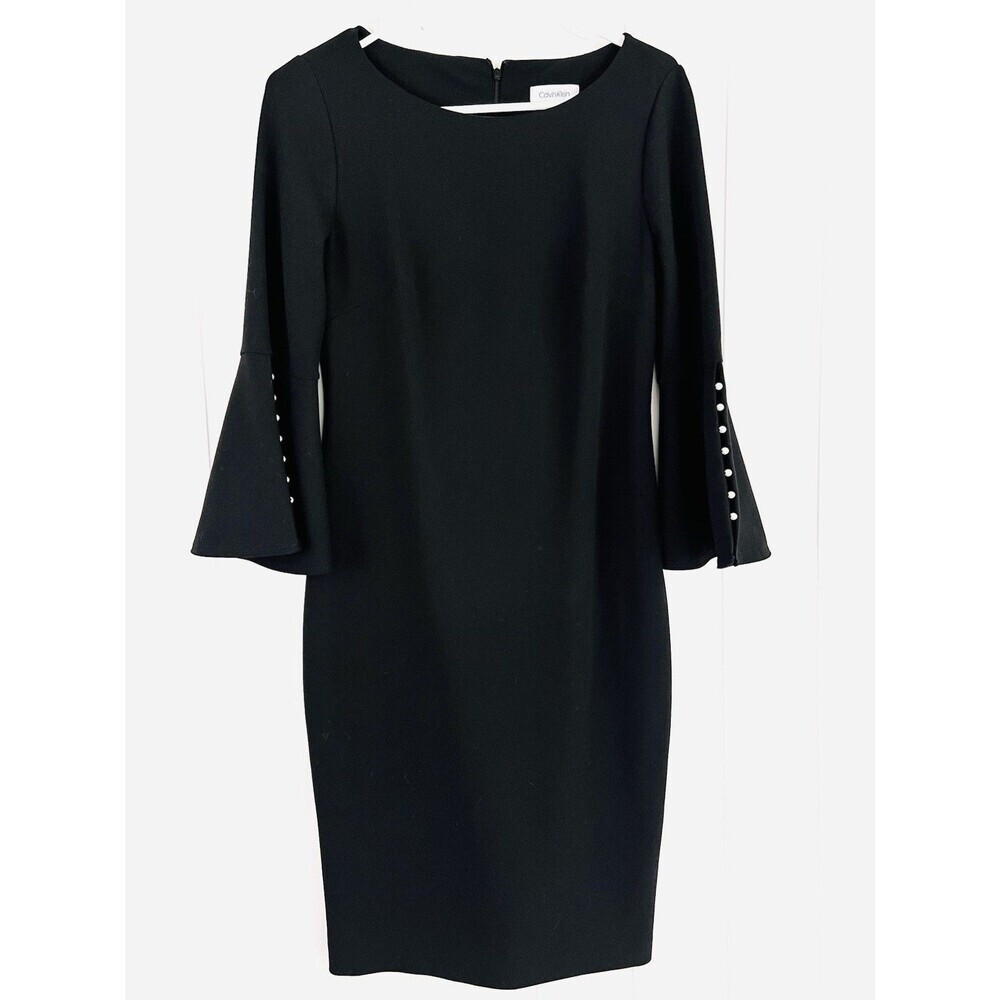 *Calvin Klein* LBD Black Pearl Bell Sleeve Sheath Dress Cocktail Sz 6 Luxurious
